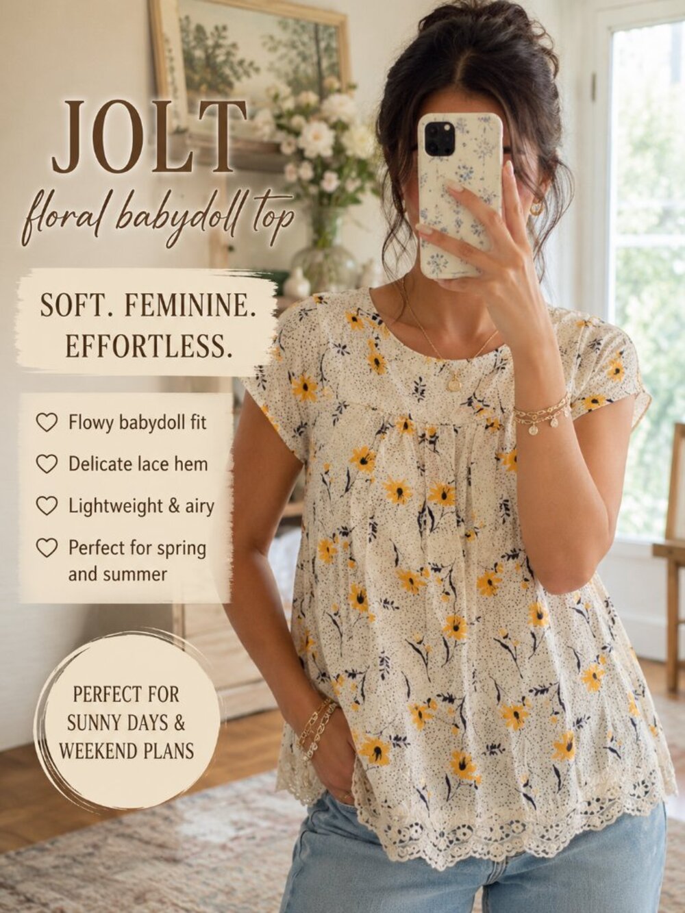 Jolt Floral Babydoll Top Lace Hem Cream Yellow Cottagecore Boho Summer Blouse S